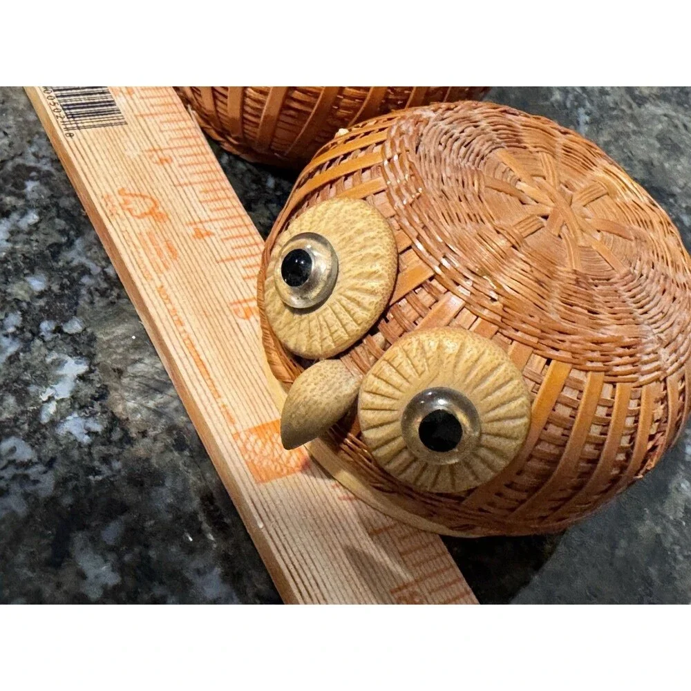 Vintage Shanghai Handicrafts Wicker Owl Lidded Basket Trinket Box Boho PRC.